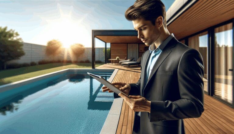 Persona joven con tablet revisando una piscina privada al aire libre en un entorno moderno y soleado.