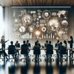 Sala de conferencias moderna, emprendedores presentando ideas frente a un jurado profesional, ambiente dinámico y tecnológico.