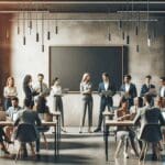 Grupo diverso de profesionales colaborando en un espacio de coworking moderno con pizarras digitales y laptops.