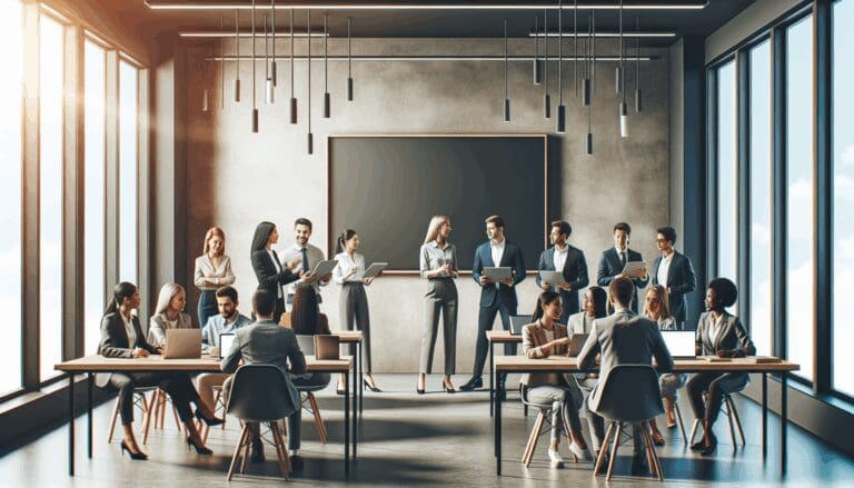 Grupo diverso de profesionales colaborando en un espacio de coworking moderno con pizarras digitales y laptops.