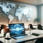 Mesa de trabajo moderna en espacio colaborativo, laptops abiertas y gráficos digitales luminosos en pantallas.