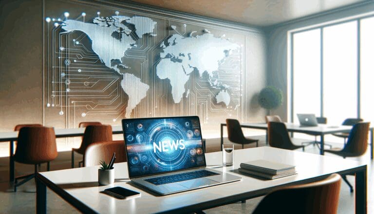 Mesa de trabajo moderna en espacio colaborativo, laptops abiertas y gráficos digitales luminosos en pantallas.