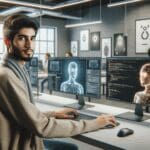 Joven profesional programando frente a pantallas con modelos 3D y gráficos de inteligencia artificial en un espacio de coworking moderno.