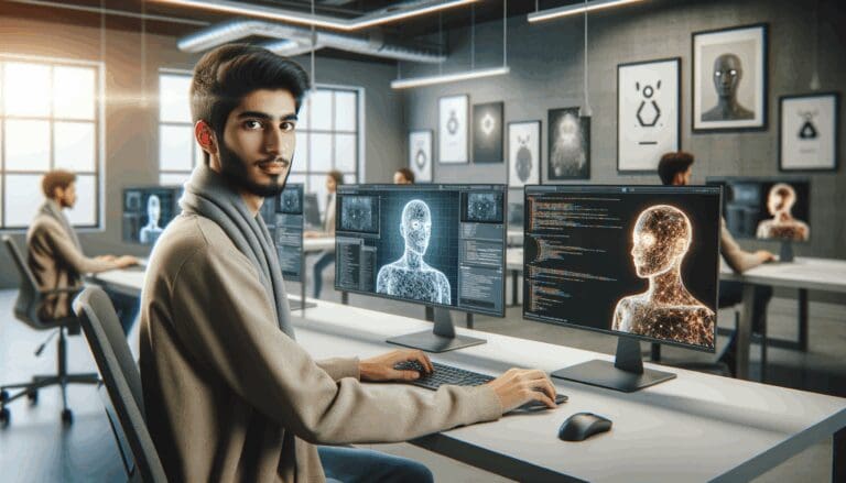 Joven profesional programando frente a pantallas con modelos 3D y gráficos de inteligencia artificial en un espacio de coworking moderno.