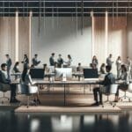 Personas reunidas en un moderno espacio de coworking, trabajando juntos alrededor de una mesa amplia con computadoras y dispositivos digitales.