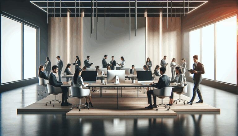 Personas reunidas en un moderno espacio de coworking, trabajando juntos alrededor de una mesa amplia con computadoras y dispositivos digitales.