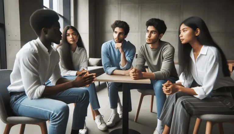 Grupo multicultural de jóvenes emprendedores discutiendo ideas en un espacio de coworking moderno.