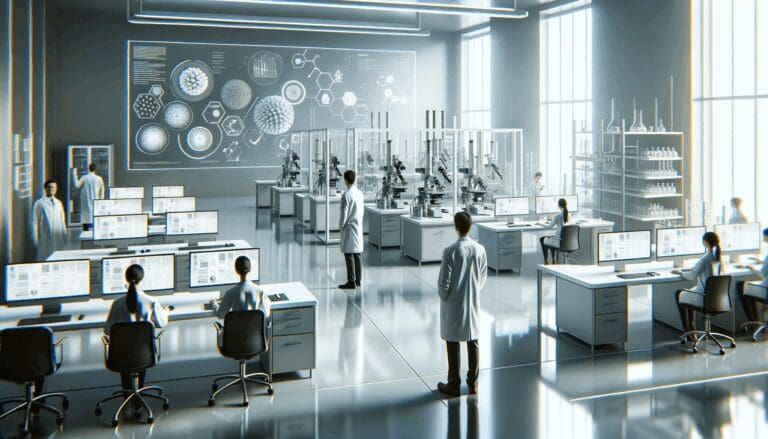 Laboratorio moderno con equipos tecnológicos y científicos trabajando en biotecnología