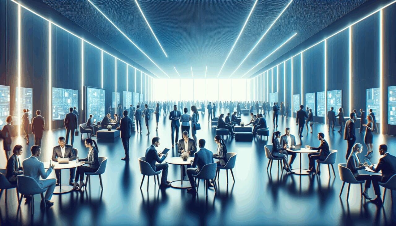 Escenario moderno de evento tecnológico, lleno de asistentes y luces azules, ambiente de networking y colaboración.