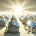 Placas solares en fila sobre techos residenciales iluminados por el sol en un entorno moderno.
