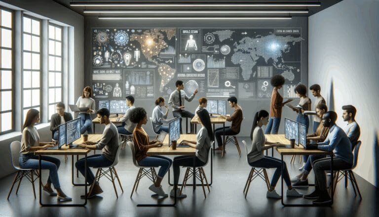 Grupo de personas en una sala moderna de coworking con laptops y pantallas mostrando código y diagramas de inteligencia artificial.