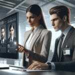 Dos personas revisando datos biométricos en una pantalla digital en un entorno de oficina moderna.