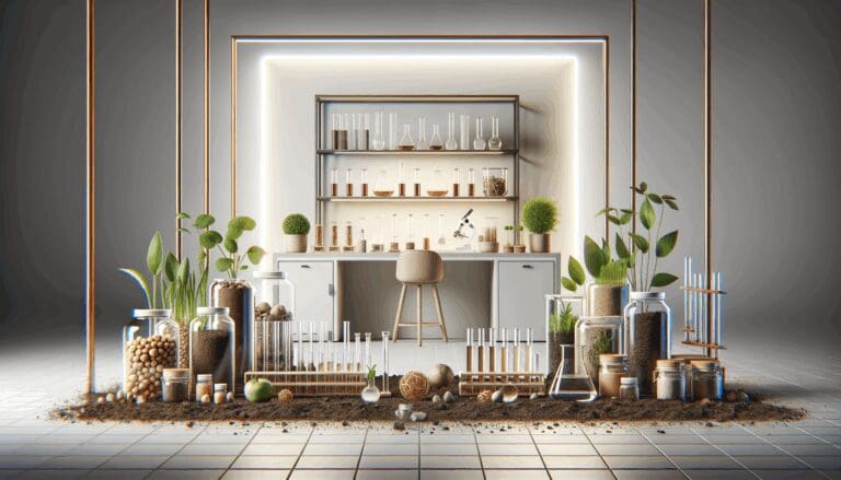 Primer plano de un laboratorio moderno con tubos y recipientes llenos de nutrientes orgánicos y muestras de tierra.