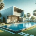 Piscina residencial moderna en un jardín cuidado bajo luz natural, enfoque minimalista y tecnológico.