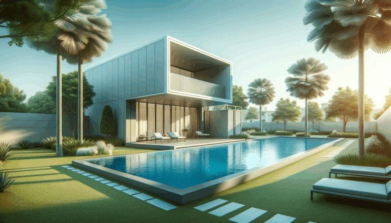 Piscina residencial moderna en un jardín cuidado bajo luz natural, enfoque minimalista y tecnológico.