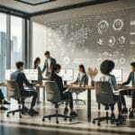 Sala de oficina moderna con jóvenes profesionales colaborando frente a pantallas que muestran datos y gráficos tecnológicos.