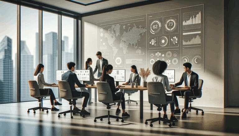 Sala de oficina moderna con jóvenes profesionales colaborando frente a pantallas que muestran datos y gráficos tecnológicos.