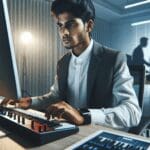 Un joven emprendedor trabajando en una oficina moderna rodeada de tecnología musical.