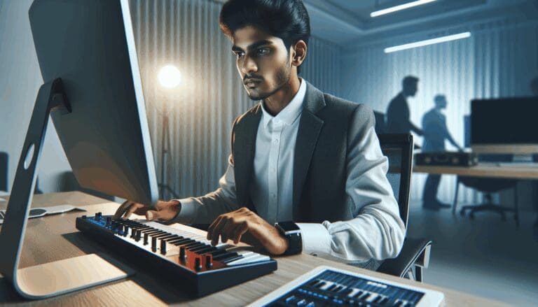 Un joven emprendedor trabajando en una oficina moderna rodeada de tecnología musical.