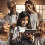 Niña interactuando con una tablet junto a una familia en un espacio minimalista, con elementos tecnológicos sutiles y luz natural.