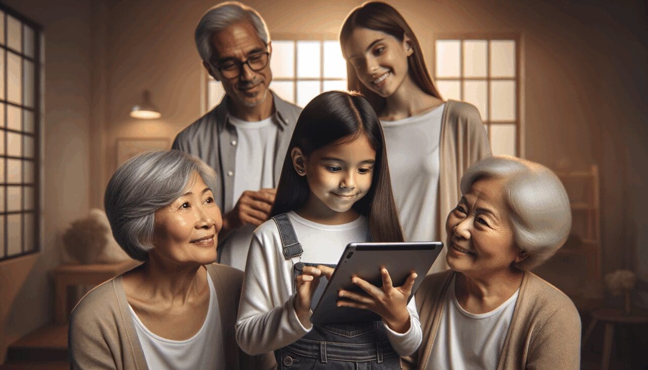 Niña interactuando con una tablet junto a una familia en un espacio minimalista, con elementos tecnológicos sutiles y luz natural.