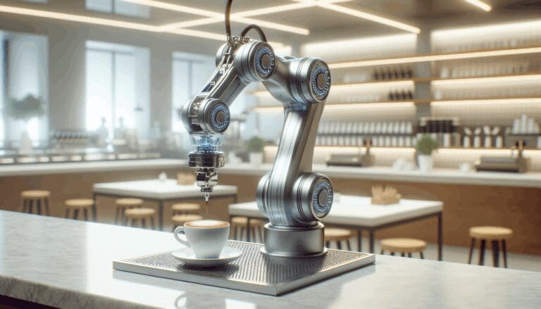 Un brazo robótico preparando café espresso en una cafetería moderna, fondo desenfocado.