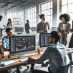 Jóvenes emprendedores colaborando en un espacio de coworking moderno lleno de computadores y pantallas de datos.