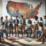 Jóvenes emprendedores reunidos frente a un mapa de Estados Unidos, discutiendo estrategias.