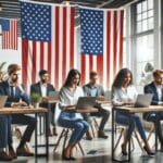 Emprendedores trabajando en laptops en un espacio de coworking moderno con banderas de Estados Unidos y Latinoamérica al fondo.
