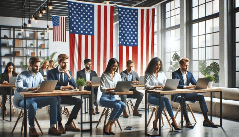 Emprendedores trabajando en laptops en un espacio de coworking moderno con banderas de Estados Unidos y Latinoamérica al fondo.