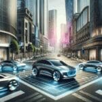 Intersección de autos nuevos en una ciudad moderna, reflejando innovación y tecnología.