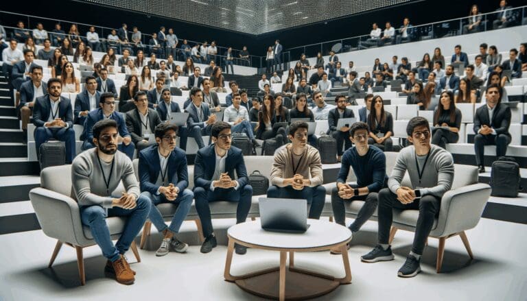 Emprendedores latinoamericanos reunidos en un auditorio moderno, participando en una competencia de startups.