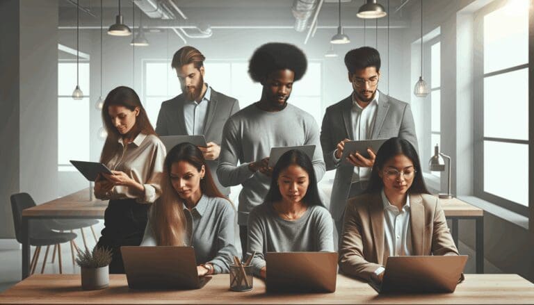 Equipo multicultural trabajando con computadoras portátiles en un espacio moderno de coworking.
