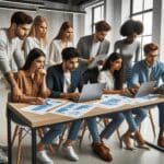 Equipo joven de emprendedores revisando gráficos financieros y laptops en una oficina tecnológica iluminada.