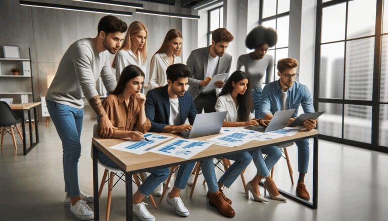 Equipo joven de emprendedores revisando gráficos financieros y laptops en una oficina tecnológica iluminada.