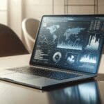 Laptop abierta sobre mesa de oficina moderna, con gráficas de datos y líneas de código reflejadas en la pantalla.