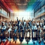 Grupo diverso de emprendedores celebrando en un moderno auditorio tecnológico, fondos coloridos y ambiente de networking.