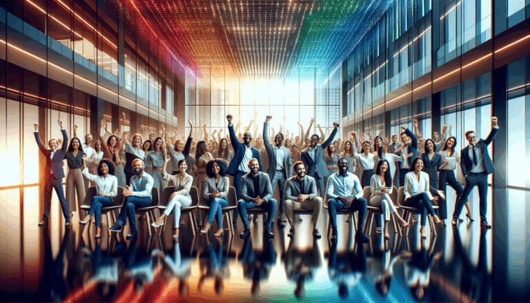 Grupo diverso de emprendedores celebrando en un moderno auditorio tecnológico, fondos coloridos y ambiente de networking.