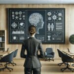 Emprendedora frente a una pizarra digital con diagramas de inteligencia artificial en un moderno espacio de coworking.