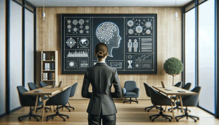 Emprendedora frente a una pizarra digital con diagramas de inteligencia artificial en un moderno espacio de coworking.