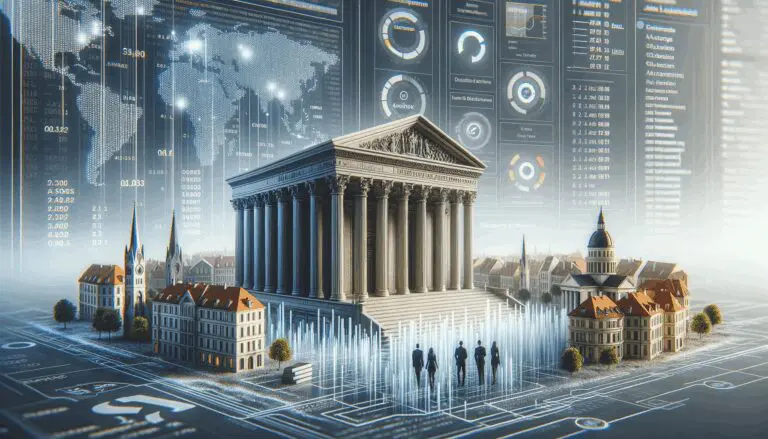 Ilustración conceptual de análisis digital de datos inmobiliarios con código fuente y ciudades europeas al fondo.