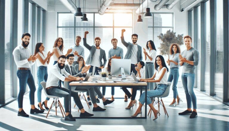 Oficina moderna y luminosa con un equipo diverso de emprendedores trabajando y celebrando un hito.