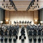 Fotografía de un auditorio moderno con emprendedores y líderes tecnológicos participando en un evento de startups.