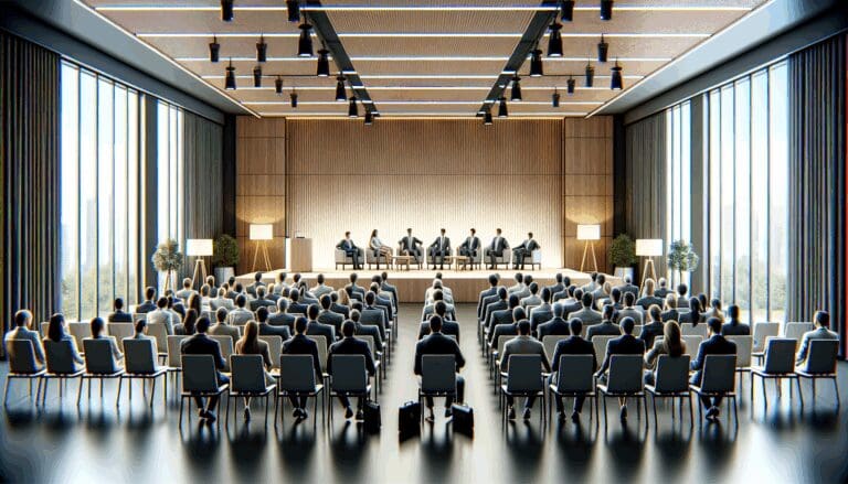 Fotografía de un auditorio moderno con emprendedores y líderes tecnológicos participando en un evento de startups.