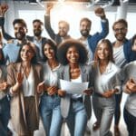 Grupo de emprendedores celebrando en un evento de startups