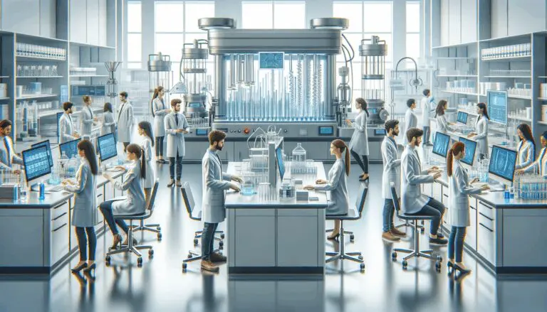 Laboratorio moderno con equipos biotecnológicos y jóvenes científicos trabajando en equipo.