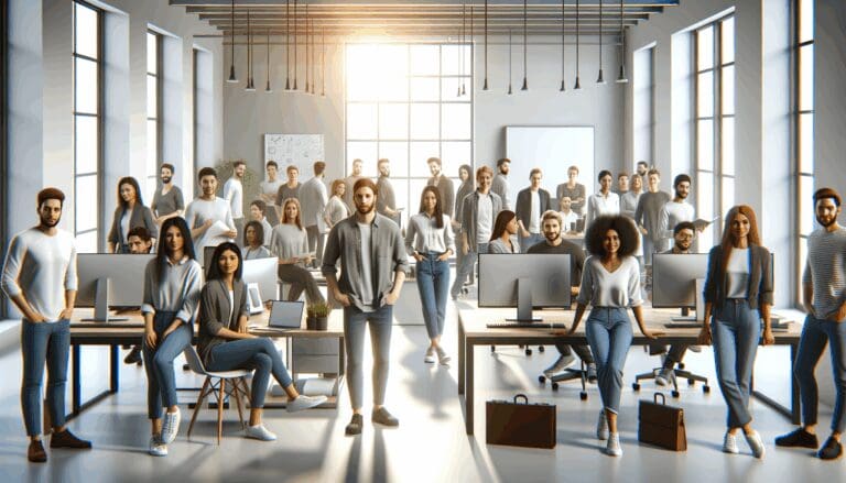 Grupo de jóvenes emprendedores reunidos en una oficina moderna, rodeados de computadoras y pizarras blancas.