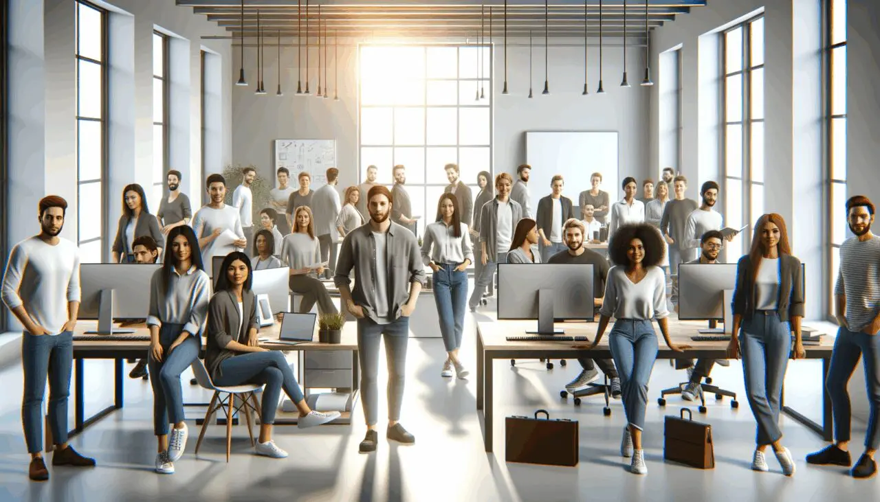 Grupo de jóvenes emprendedores reunidos en una oficina moderna, rodeados de computadoras y pizarras blancas.