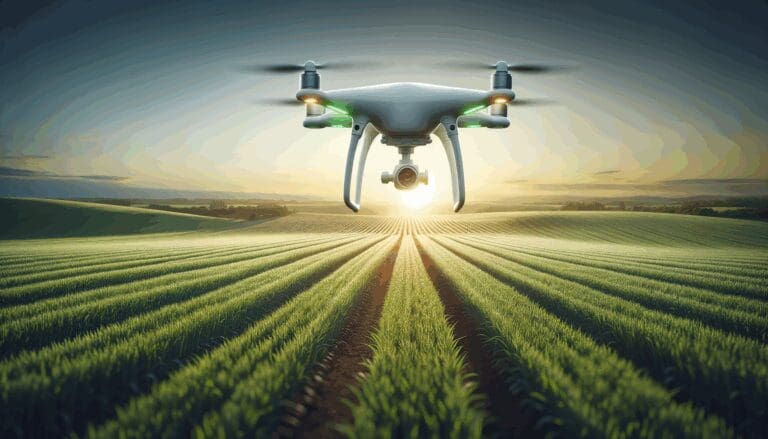 Dron volando sobre un extenso campo agrícola verde al atardecer, con sensores visibles captando datos.