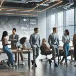 Emprendedores colaborando en un espacio de coworking moderno y luminoso, con pantallas digitales al fondo.